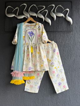 The Little Tales - Off White Floral Hand Print Kurta And Pant With Dupatta