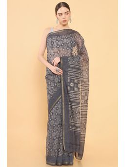 Soch - Women Grey Chanderi Printed Saree with Unstitched Blouse