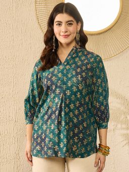 Vaamsi - Women Blue Cotton Blend Ethnic Motifs Printed Regular Tunic