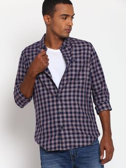 Lee - Men Navy Blue & Peach Checks Slim Fit Shirt