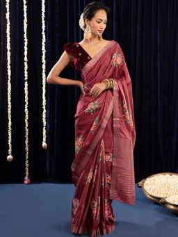 Gajra Gang - Organzamic Floral Red Saree With Unstitched Blouse