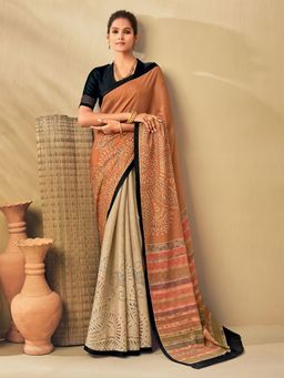 Odette - Womens Tussar Silk Peach Printed Saree with Unstitched Blouse