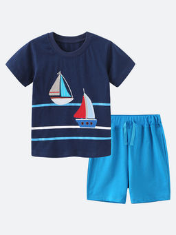 Oh Rare - Navy Blue Printed T-Shirt and Shorts (Set of 2)