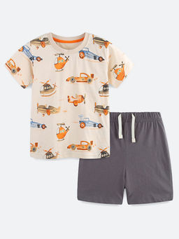Oh Rare - Beige Printed T-Shirt and Shorts (Set of 2)