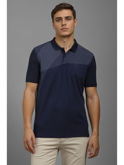 Louis Philippe - Men Navy Blue Stripes Polo Neck T-Shirt