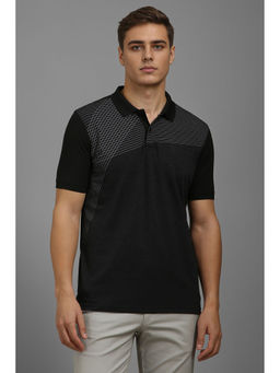 Louis Philippe - Men Black Stripes Polo Neck T-Shirt