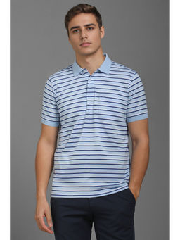 Louis Philippe - Men Light Blue Stripes Polo Neck T-Shirt