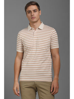 Louis Philippe - Men Off White Stripes Polo Neck T-Shirt