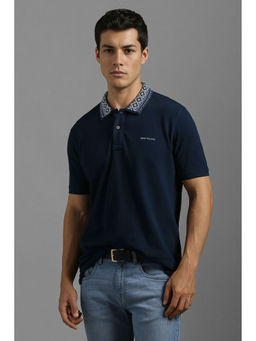 Louis Philippe - Men Navy Blue Solid Polo Neck T-Shirt