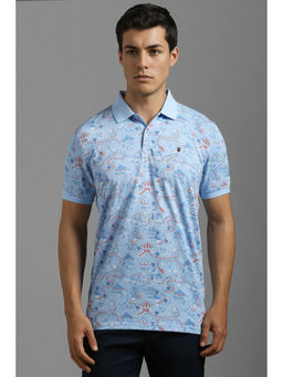 Louis Philippe - Men Light Blue Graphic Print Polo Neck T-Shirt