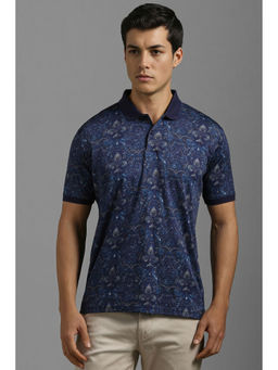 Louis Philippe - Men Navy Blue Print Polo Neck T-Shirt