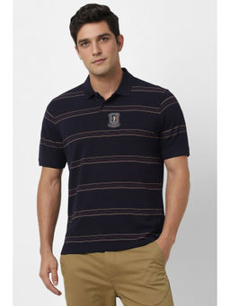 Peter England - Men Navy Blue Stripes Polo Neck T-Shirt
