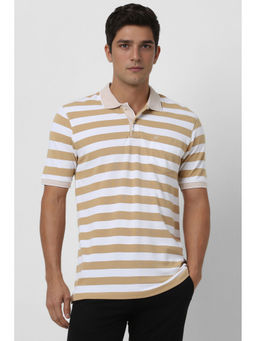 Peter England - Men Beige Stripes Polo Neck T-Shirt