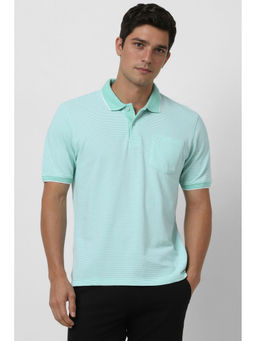 Peter England - Men Turquoise Stripes Polo Neck T-Shirt