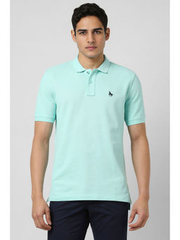 Van Heusen - Men Sea Blue Textured Polo Neck T-Shirt