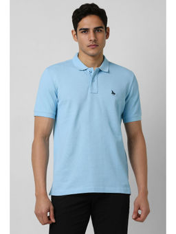 Van Heusen - Men Blue Textured Polo Neck T-Shirt