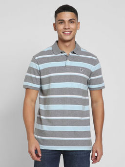 American Eagle - Men Grey Stripes Polo Neck T-Shirt