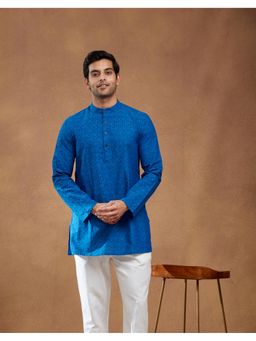 Fabindia - Men Blue Cotton Hand Block Printed Slim Fit Short Kurta