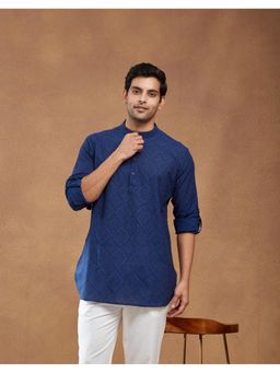 Fabindia - Men Blue Cotton Hand Block Printed Slim Fit Short Kurta
