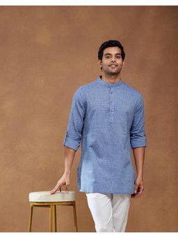 Fabindia - Blue Cotton Hand Block Printed Slim Fit Short Kurta