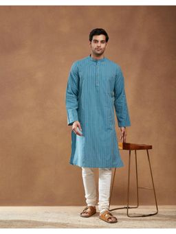 Fabindia - Men Blue Cotton Dobby Slim Fit Long Kurta