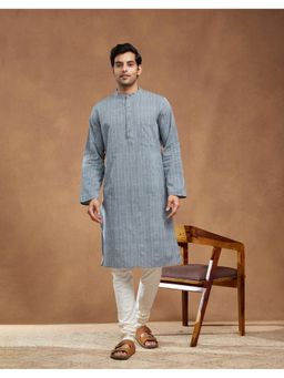 Fabindia - Grey Cotton Dobby Slim Fit Long Kurta
