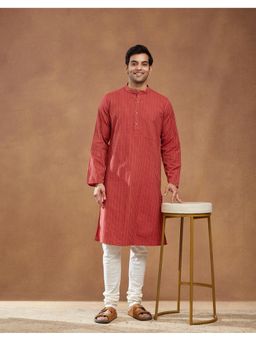 Fabindia - Red Cotton Dobby Slim Fit Long Kurta
