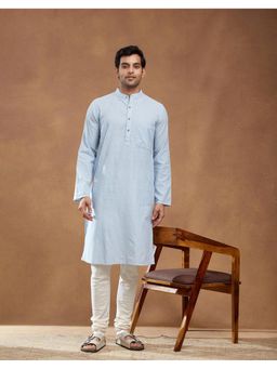 Fabindia - Light Blue Cotton Dobby Slim Fit Long Kurta