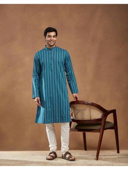 Fabindia - Blue Cotton Dobby Slim Fit Long Kurta