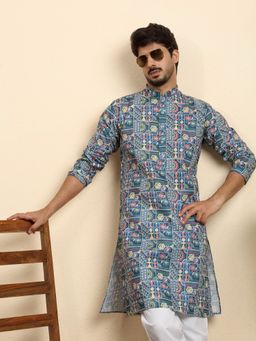 Kraft India - Cotton Blend Geometric Printed Blue Kurta