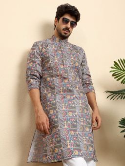 Kraft India - Cotton Blend Geometric Printed Grey Kurta