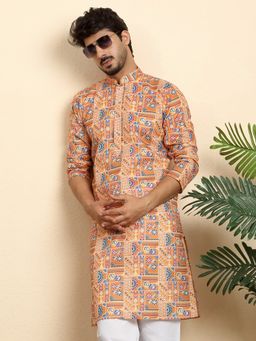 Kraft India - Cotton Blend Geometric Printed Orange Kurta