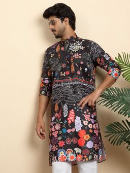 Kraft India - Floral Print Cotton Blend Ethnic Wear Black Kurta