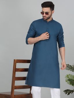 Kraft India - Cotton Blend Solid Knee Length Denim Blue Kurta