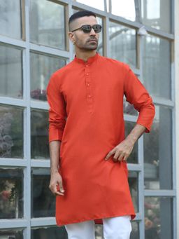Kraft India - Cotton Blend Solid Knee Length Orange Kurta