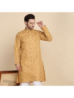 Kraft India - Floral Printed Cotton Blend Beige Kurta