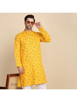 Kraft India - Floral Printed Cotton Blend Yellow Kurta