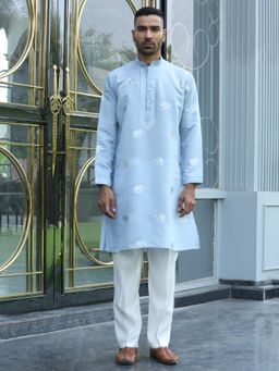 KRAFT INDIA LUXE - Cotton Silk Yoke Design Embroidered Sky Blue Kurta