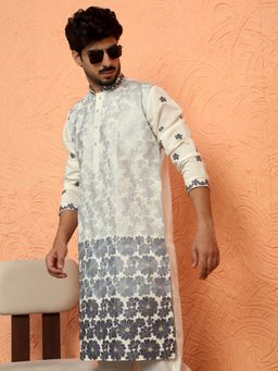 KRAFT INDIA LUXE - Cotton Silk Floral Embroidered Floral Grey Mandarin Collar Kurta