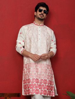 KRAFT INDIA LUXE - Cotton Silk Floral Embroidered Floral Pink Mandarin Collar Kurta