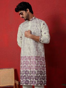 KRAFT INDIA LUXE - Cotton Silk Floral Embroidered Floral Purple Mandarin Collar Kurta