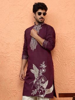 KRAFT INDIA LUXE - Cotton Silk Zari Work Placement Embroidered Wine Mandarin Collar Kurta