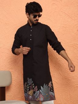 KRAFT INDIA LUXE - Cotton Silk Siroski Work Daman Embroidered Black Mandarin Collar Kurta