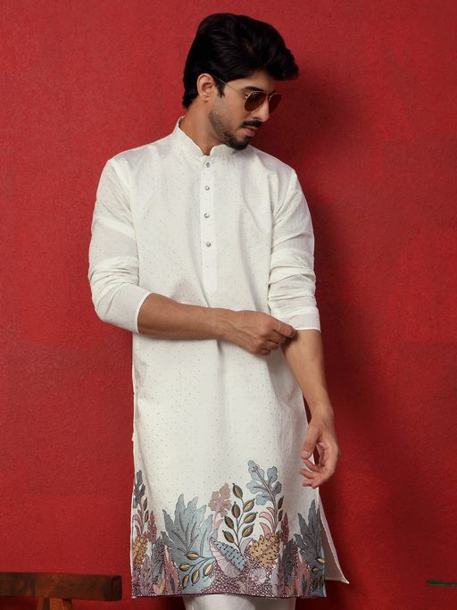 KRAFT INDIA LUXE Cotton Silk Siroski Work Daman Embroidered Cream Mandarin Collar Kurta