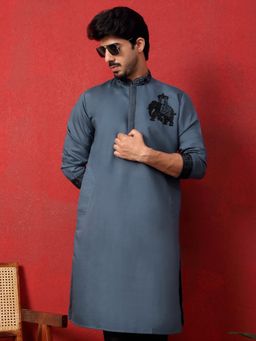 KRAFT INDIA LUXE - Cotton Silk Beaded Motifs Grey Kurta