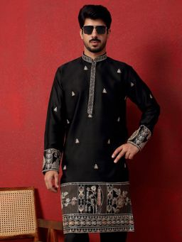 KRAFT INDIA LUXE - Thread and Zari Embroidered Cotton Silk Black Kurta