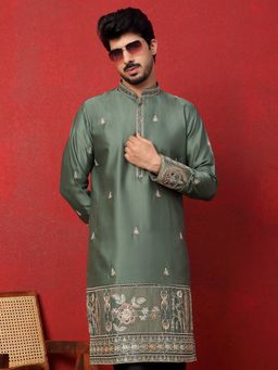 KRAFT INDIA LUXE - Thread and Zari Embroidered Cotton Silk Green Kurta
