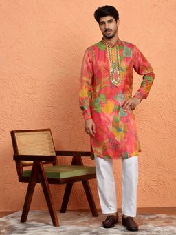 KRAFT INDIA LUXE - Silk Yoke Design Printed Mirror Work Peach Kurta
