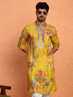 KRAFT INDIA LUXE - Silk Yoke Design Floral Mirror Work Mustard Kurta