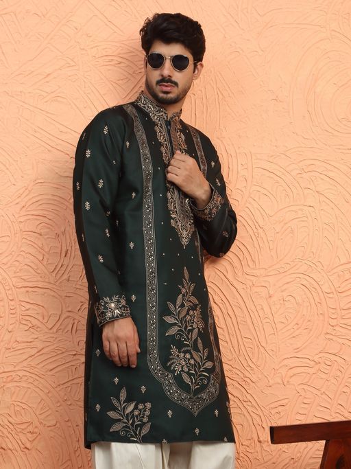KRAFT INDIA LUXE Cotton Silk Floral and Zari Embroidered Green Kurta